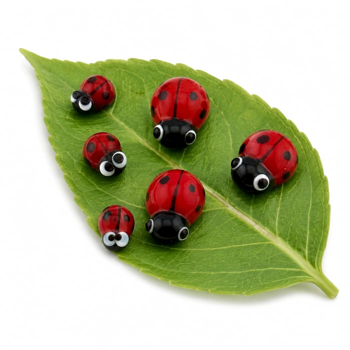 Six glass lampwork ladybugs on leaf – 3 large and 3 small