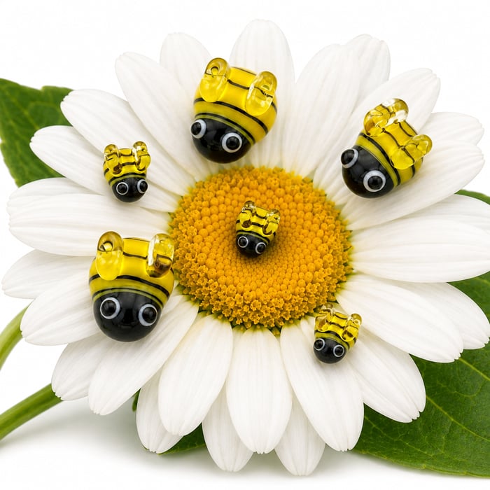 Glass lampwork bumble bees on flower for mosaic art