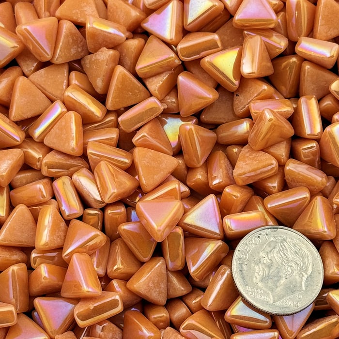 Sweetie Coral Iridized triangle tiles, 10mm recycled glass mosaic 